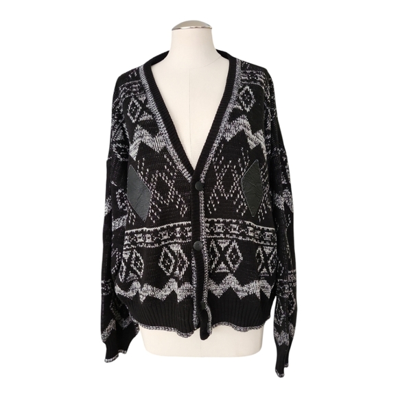 Vintage Chartwell Cardigan Sweater 2X Black Gray Geometric Knit Leather Patches - Picture 1 of 7